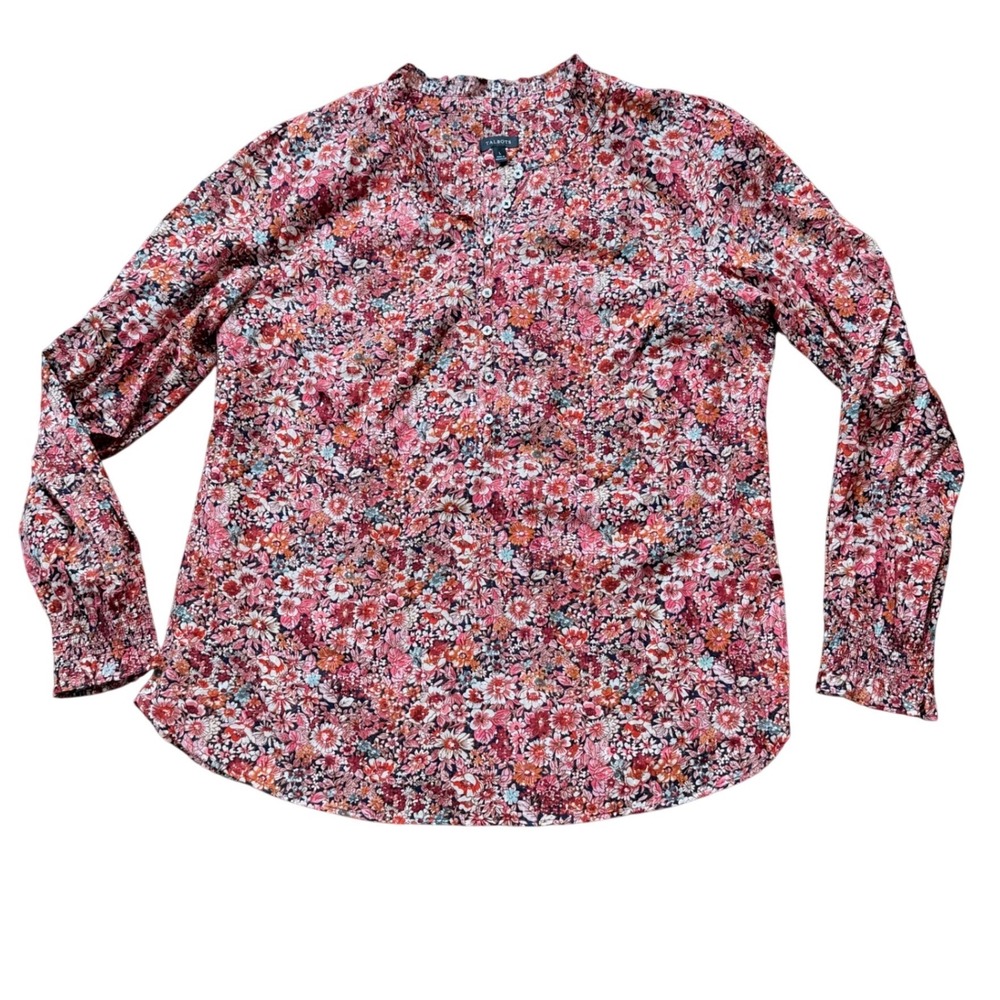 Talbots Floral Henley Blouse Women Large Pink Orange Excellent Metallic Lurex